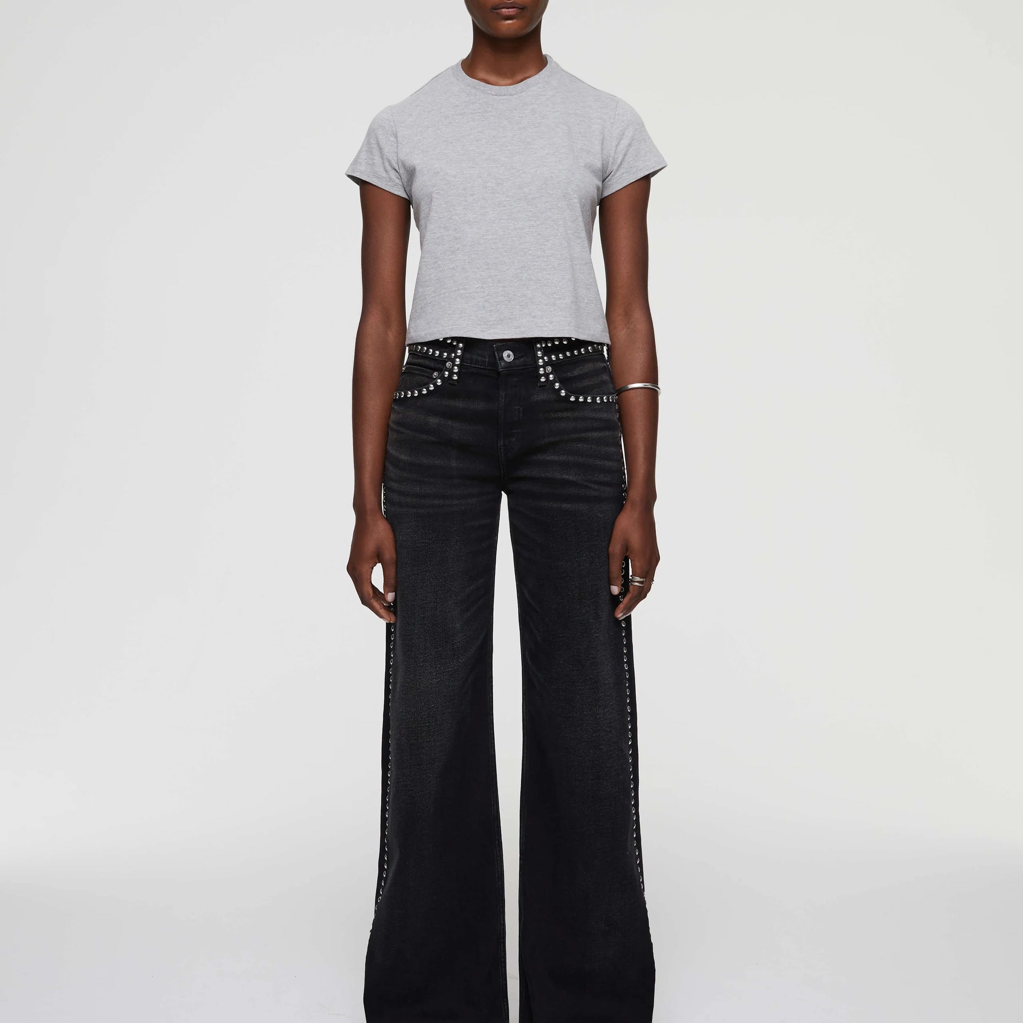 Studded Mid Rise Wide Leg in Crafted Black Stud